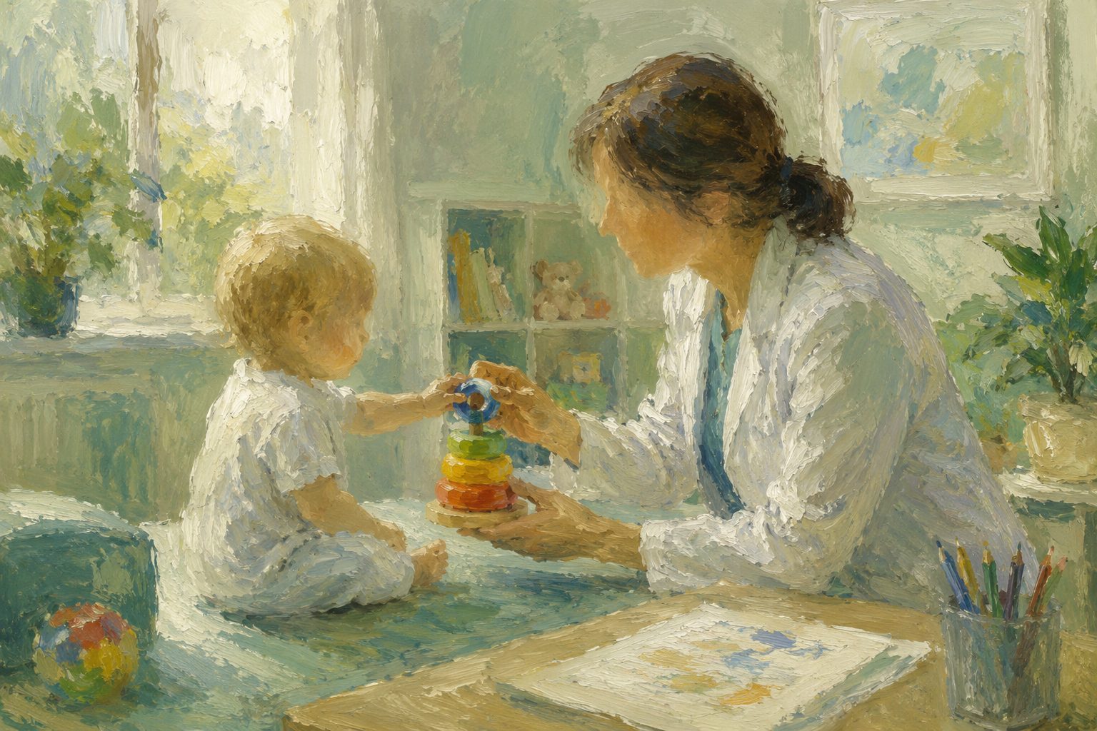 Pintura impresionista de una profesional evaluando a un bebe, ilustracion sobre como evaluar el desarrollo psicomotor