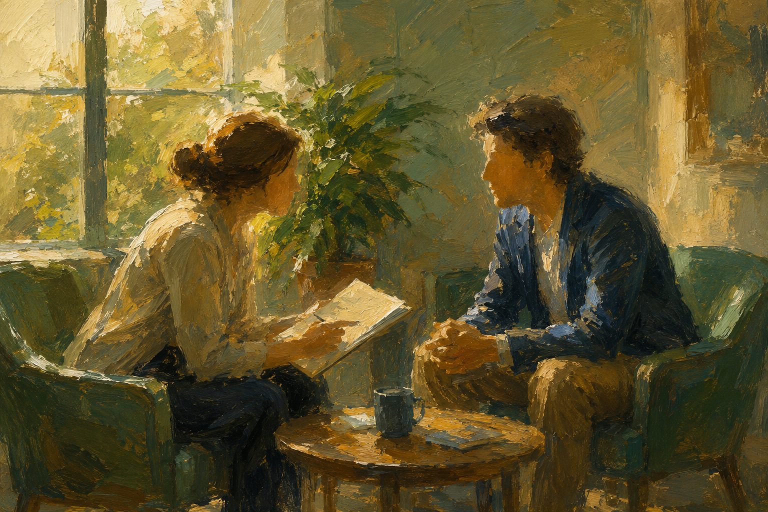 Pintura impresionista de dos personas conversando de forma cercana junto a una ventana, guia de evaluacion de desempeno laboral