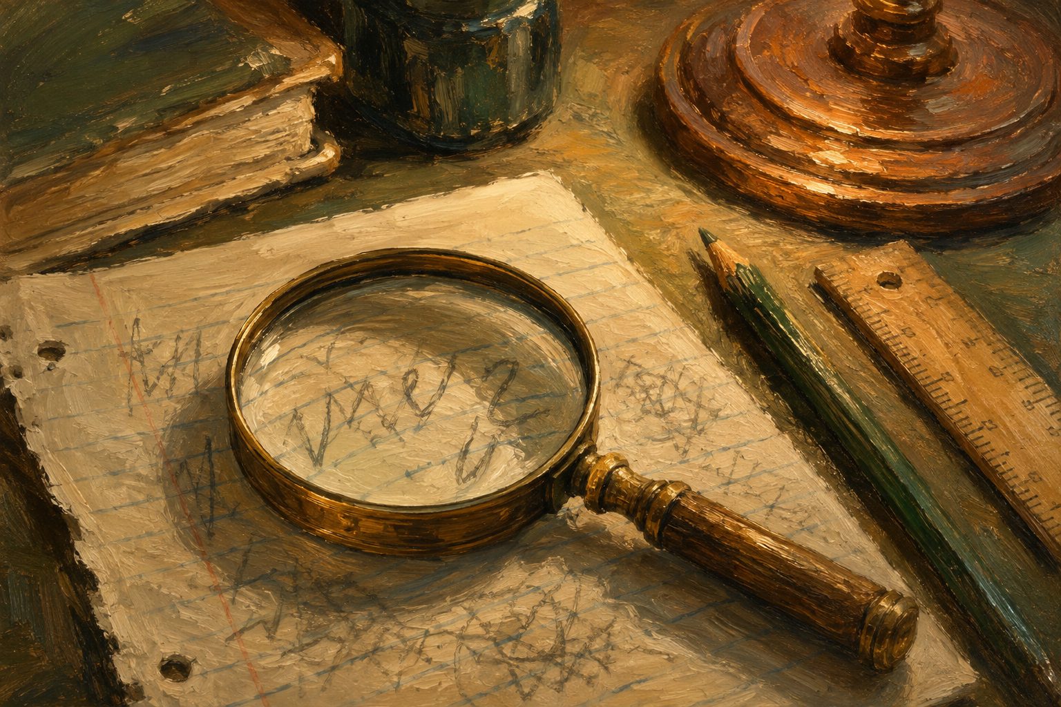 Pintura impresionista de una lupa ampliando trazos de escritura infantil, guia del proceso de evaluacion de dificultades de aprendizaje