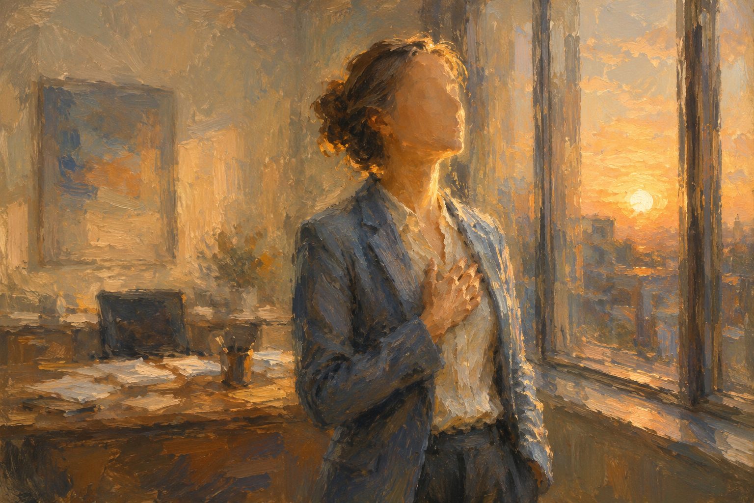 Pintura impresionista de una persona respirando con calma frente a una ventana de oficina, evaluacion del estres laboral