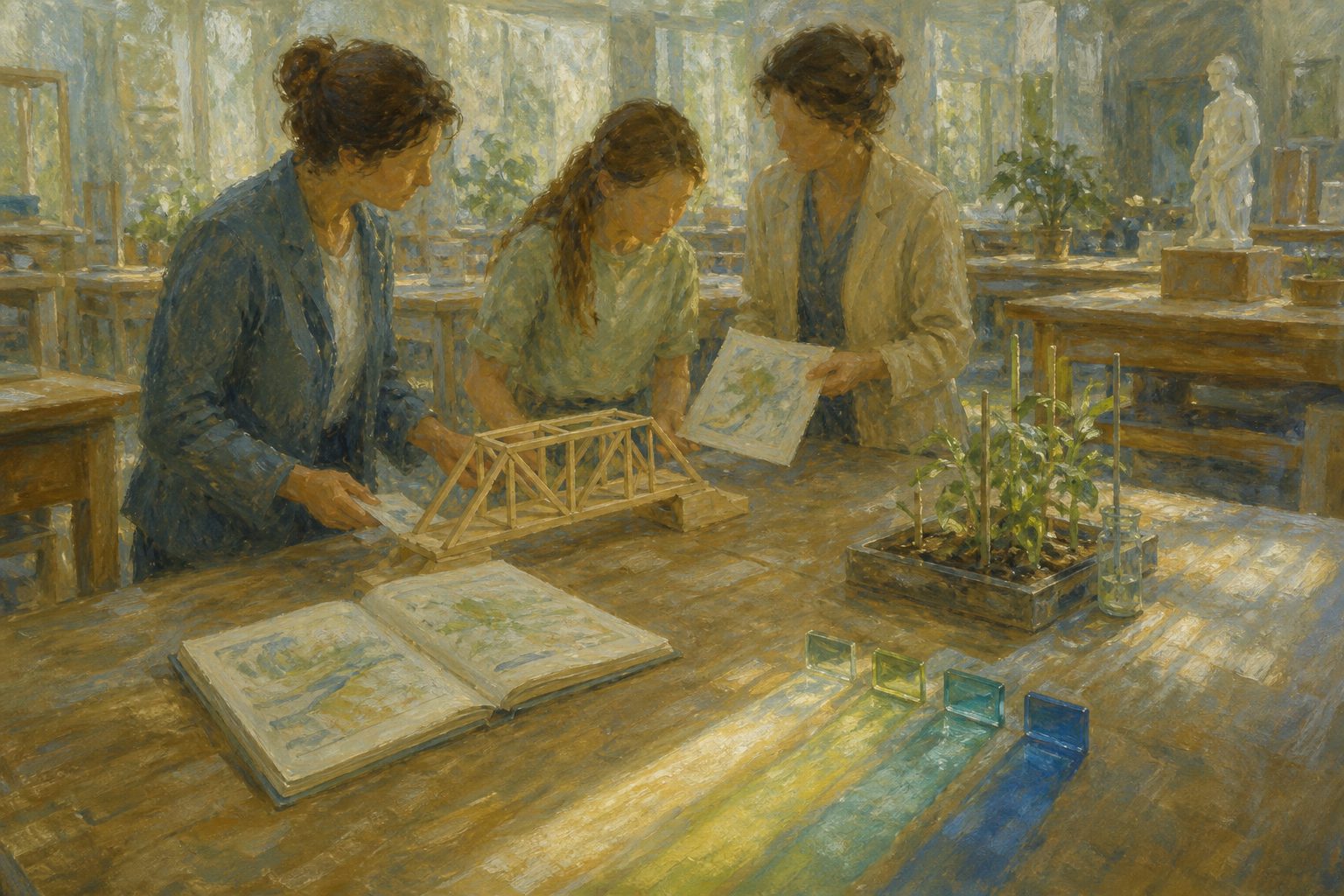 Pintura impresionista sobre evaluación del rendimiento escolar con métodos y niveles de desempeño