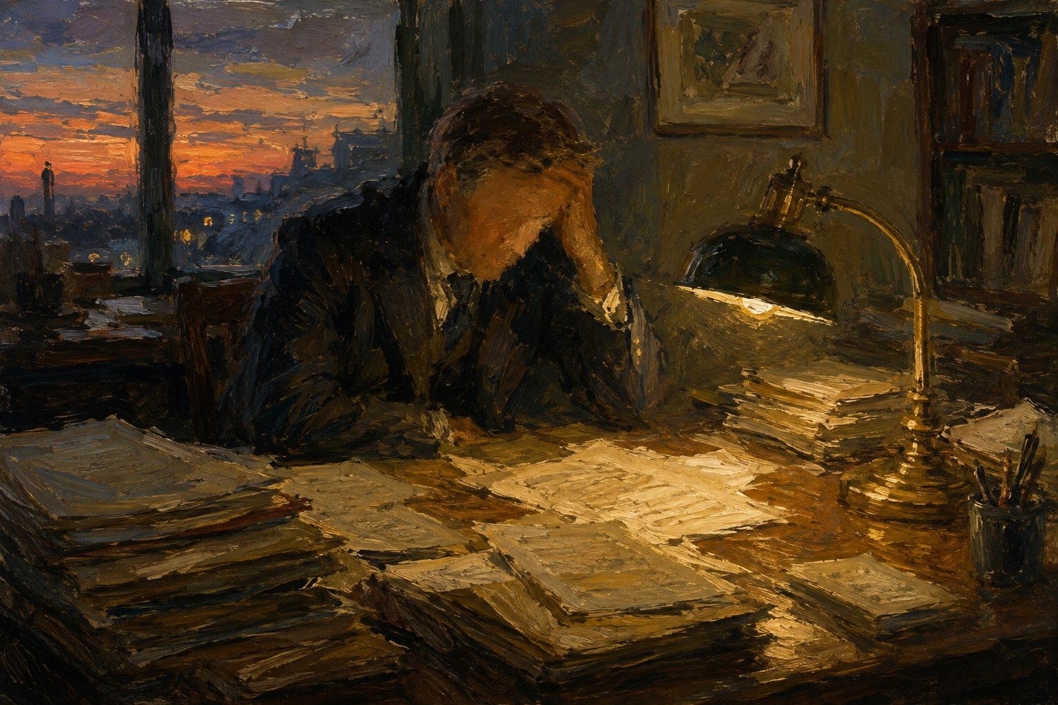 Pintura impresionista de una persona agotada trabajando de noche bajo una lampara, evaluacion de riesgos psicosociales