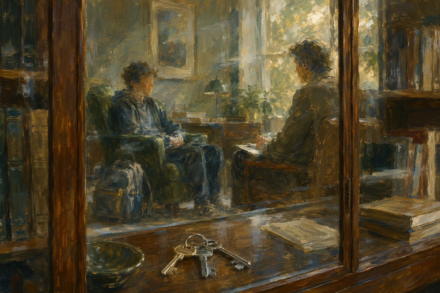 Pintura impresionista de un adolescente conversando con un profesional en consulta, evaluación del TDAH en adolescentes