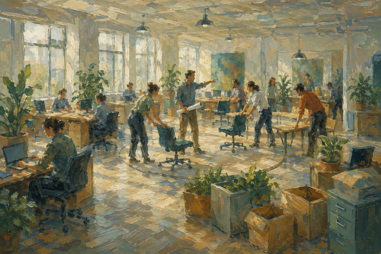 Pintura impresionista de una oficina en reorganizacion con escritorios movidos, evaluar la adaptacion al cambio laboral