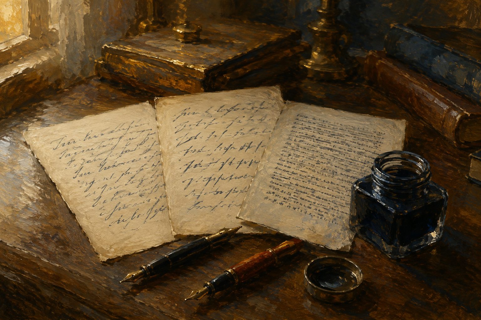 Pintura impresionista de tres muestras de escritura a mano con estilos distintos junto a plumas y tintero, guia sobre como evaluar la escritura