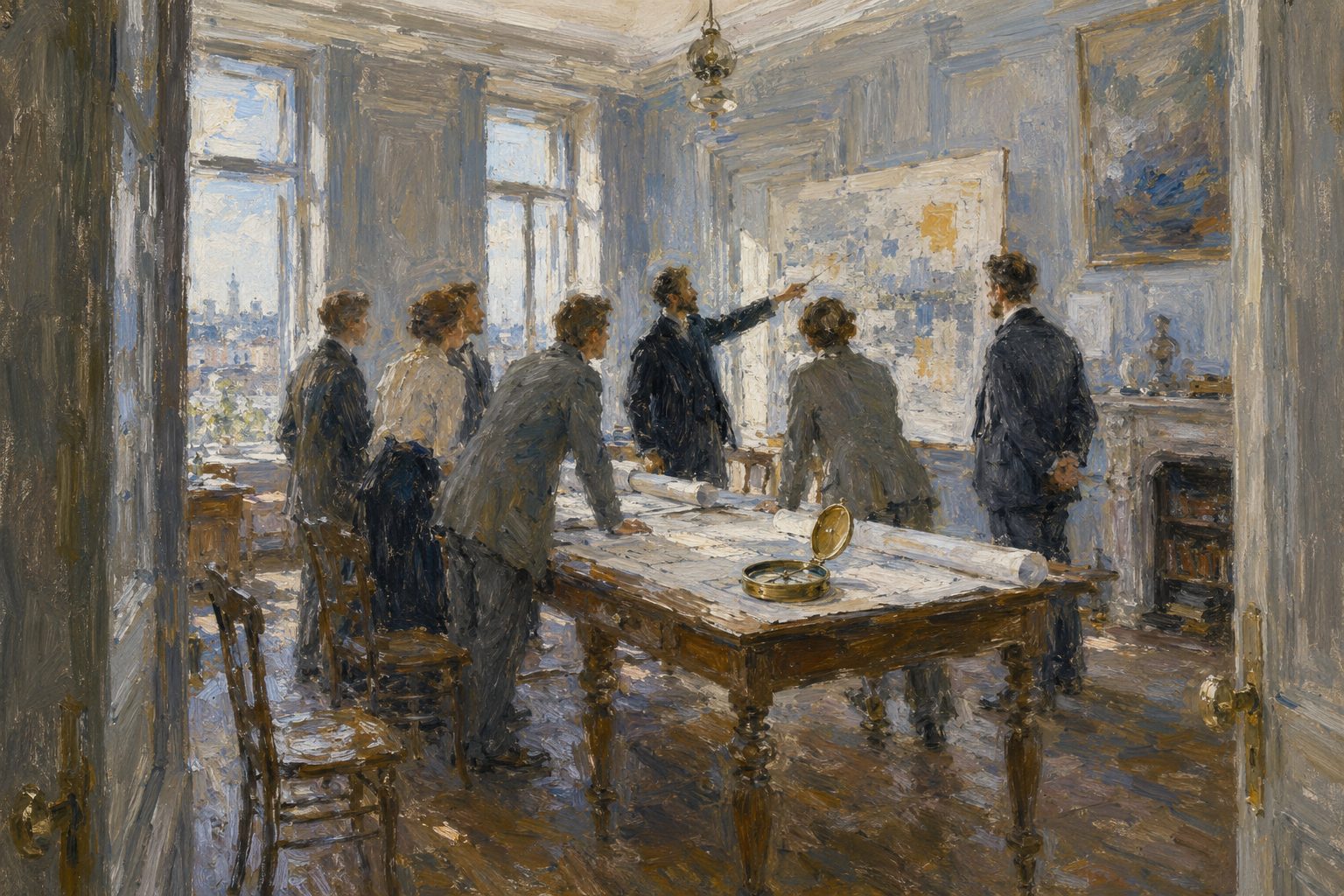 Pintura impresionista de un equipo reunido de pie con una brujula sobre la mesa, evaluar el liderazgo en una empresa