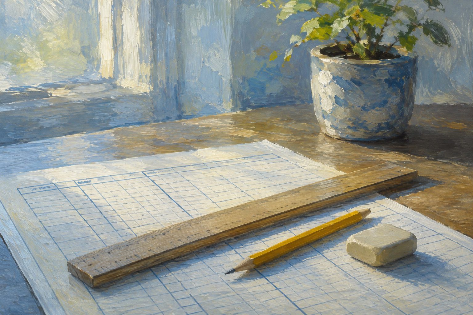 Pintura impresionista de una hoja cuadriculada con regla y lapiz sobre un escritorio, formatos de evaluacion de desempeno en Word y Excel