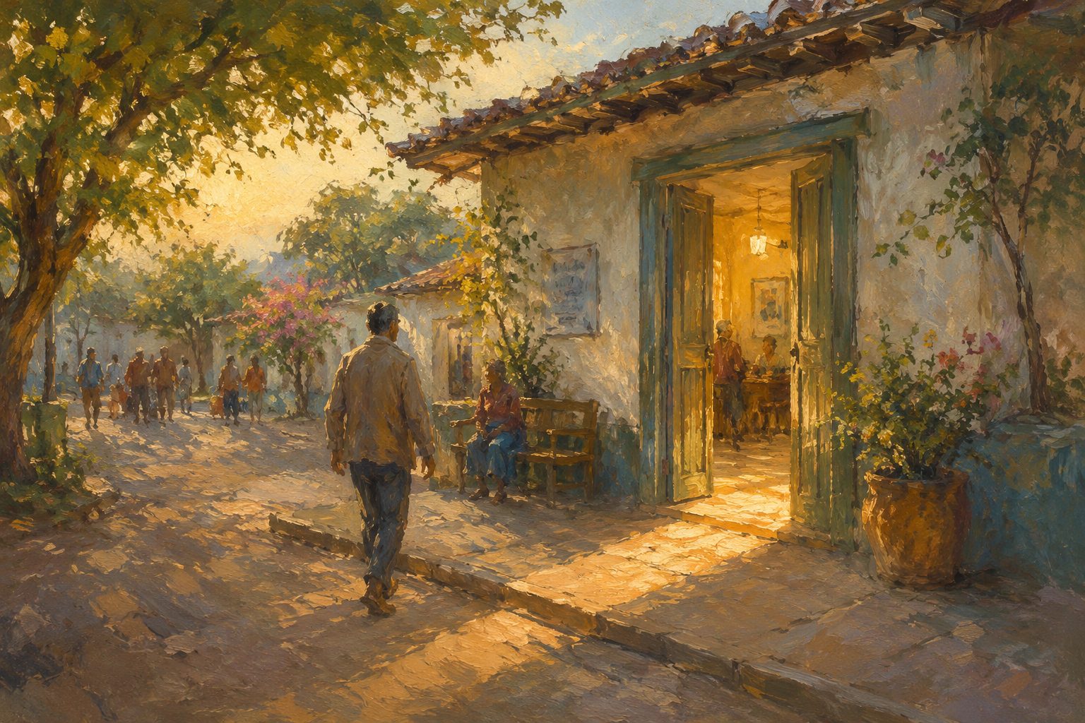 Pintura impresionista de un hombre entrando a un centro de salud, ilustracion sobre cobertura GES para policonsumo