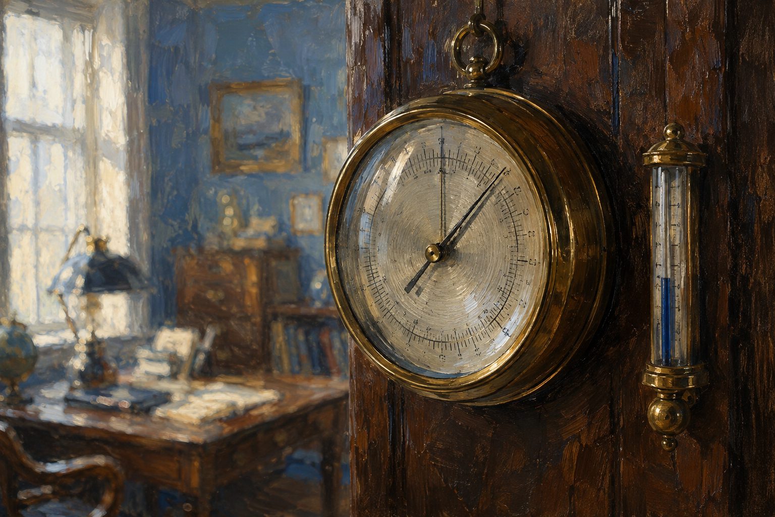 Pintura impresionista de un barometro de laton en un estudio soleado, KPIs del clima laboral y formulas