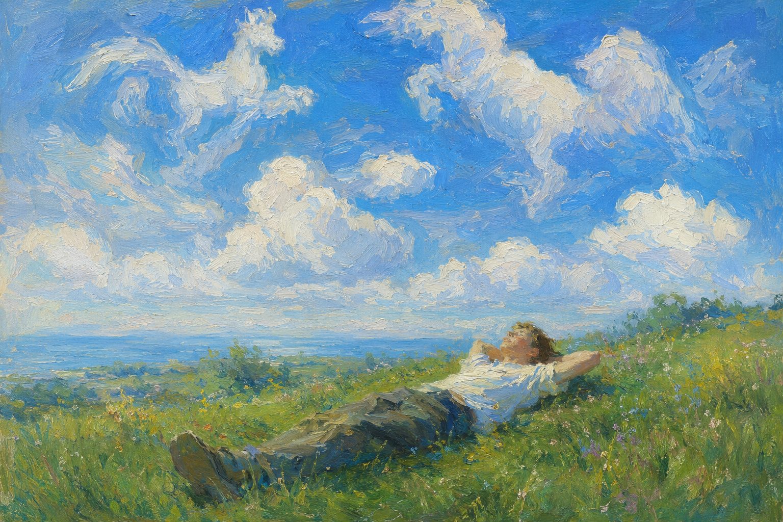 Pintura impresionista de una persona joven mirando nubes en el cielo desde el pasto, definicion y evaluacion del pensamiento abstracto