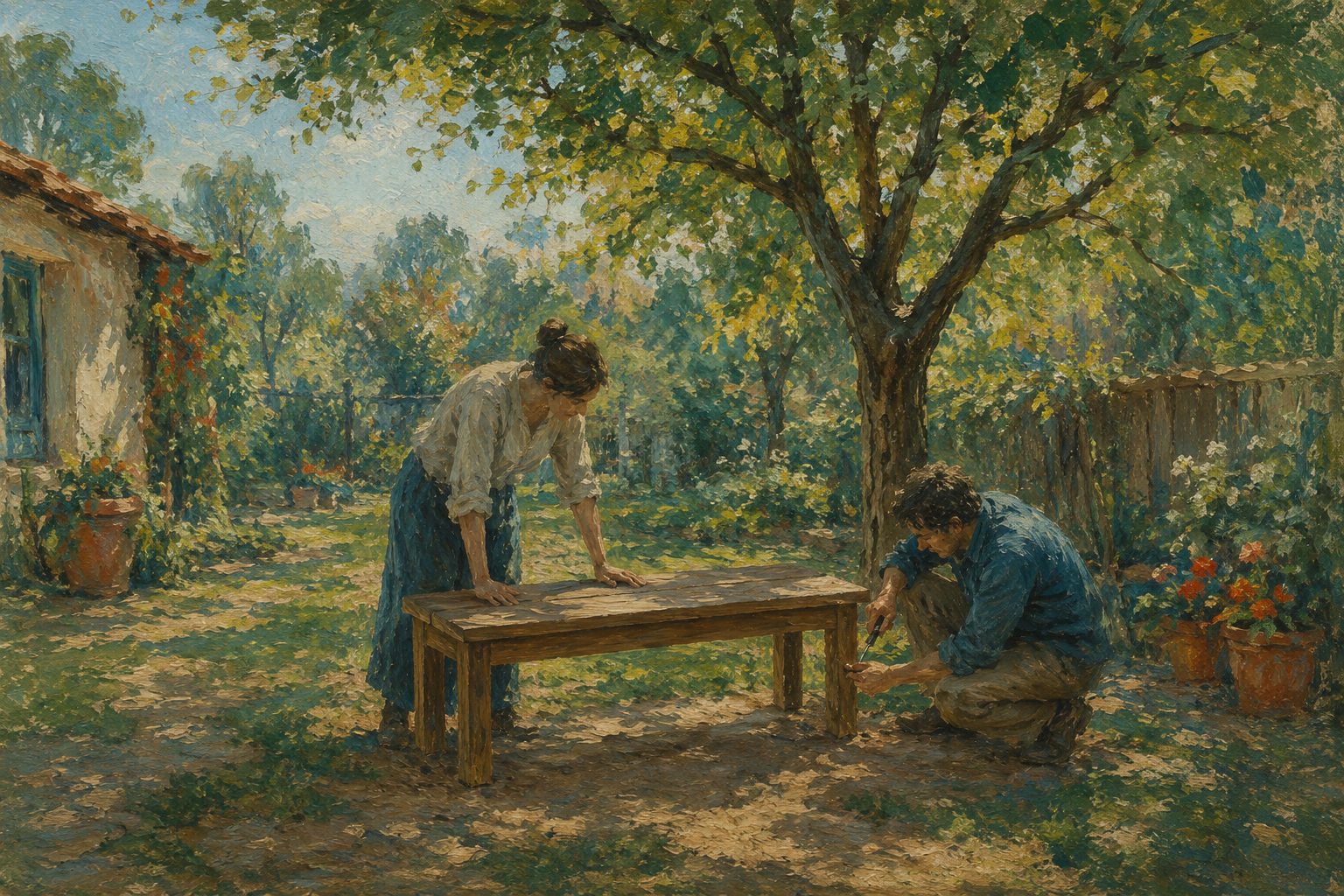 Pintura impresionista de dos personas reparando juntas una banca de cuatro patas, pilares de la relacion de pareja