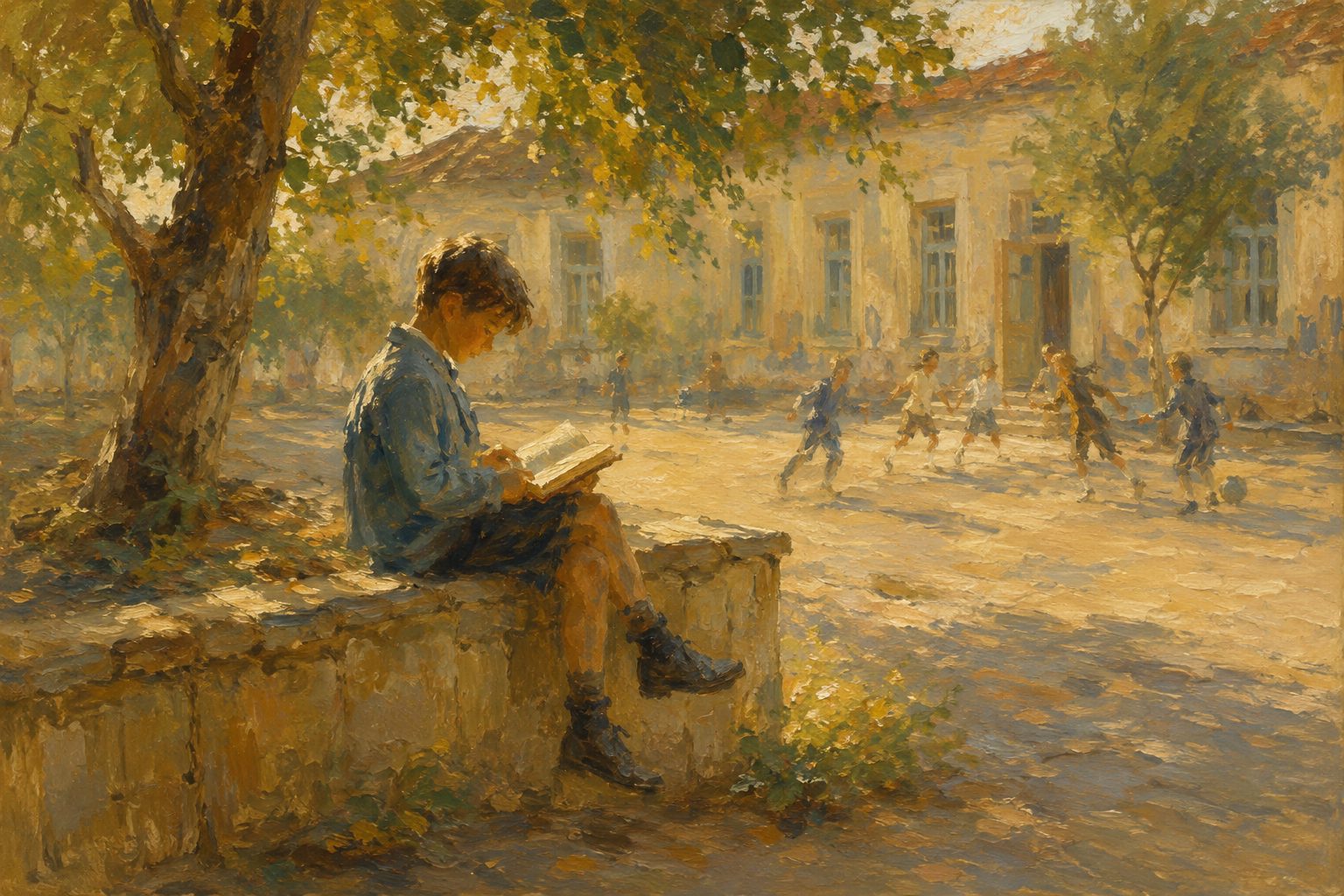 Pintura impresionista de un nino leyendo con calma en un patio escolar, guia completa sobre que es el bullying