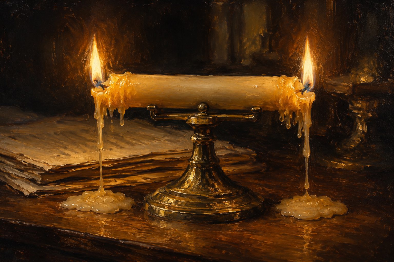 Pintura impresionista de una vela encendida por ambos extremos sobre un escritorio, que es el estres cronico