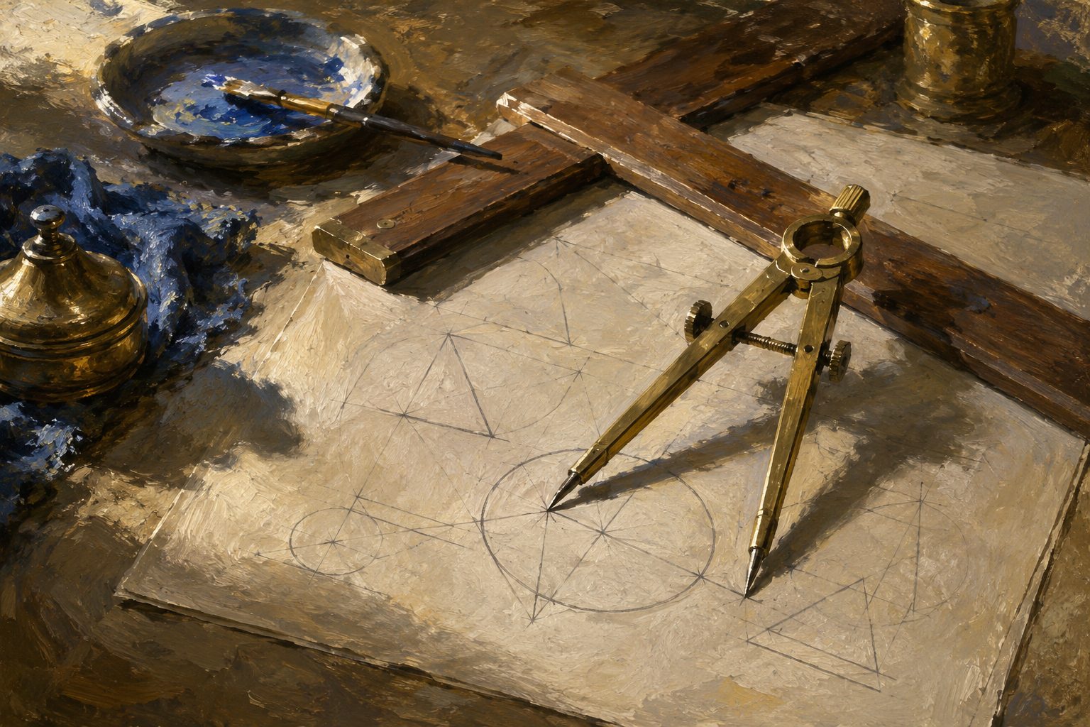 Pintura impresionista de un compas de laton y una regla T sobre trazos geometricos, ejercicios de razonamiento logico matematico