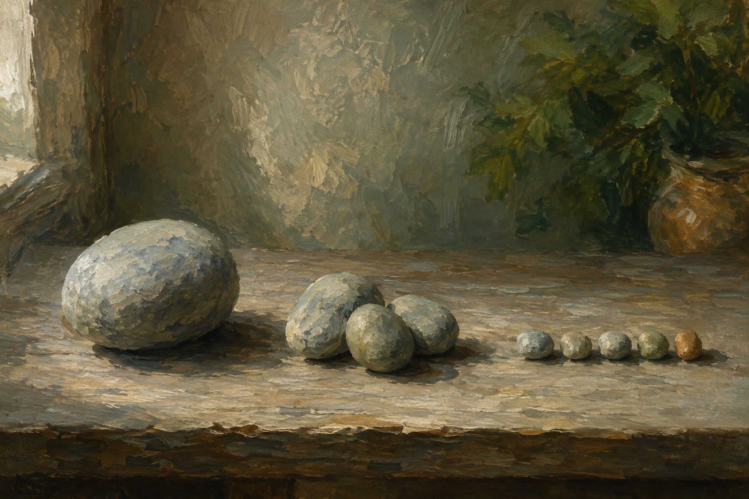 Pintura impresionista de tres grupos de piedras en orden decreciente de tamano, regla 1-3-5 para el TDAH en adolescentes