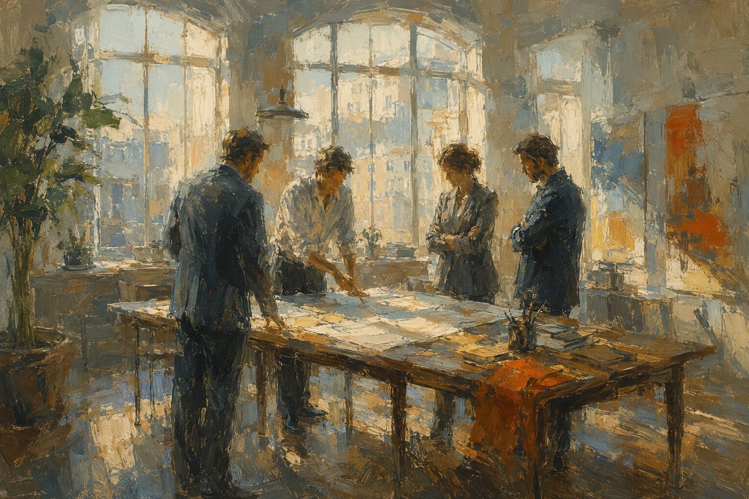 Pintura impresionista de un equipo reunido revisando un documento con calma, que son los riesgos psicosociales laborales