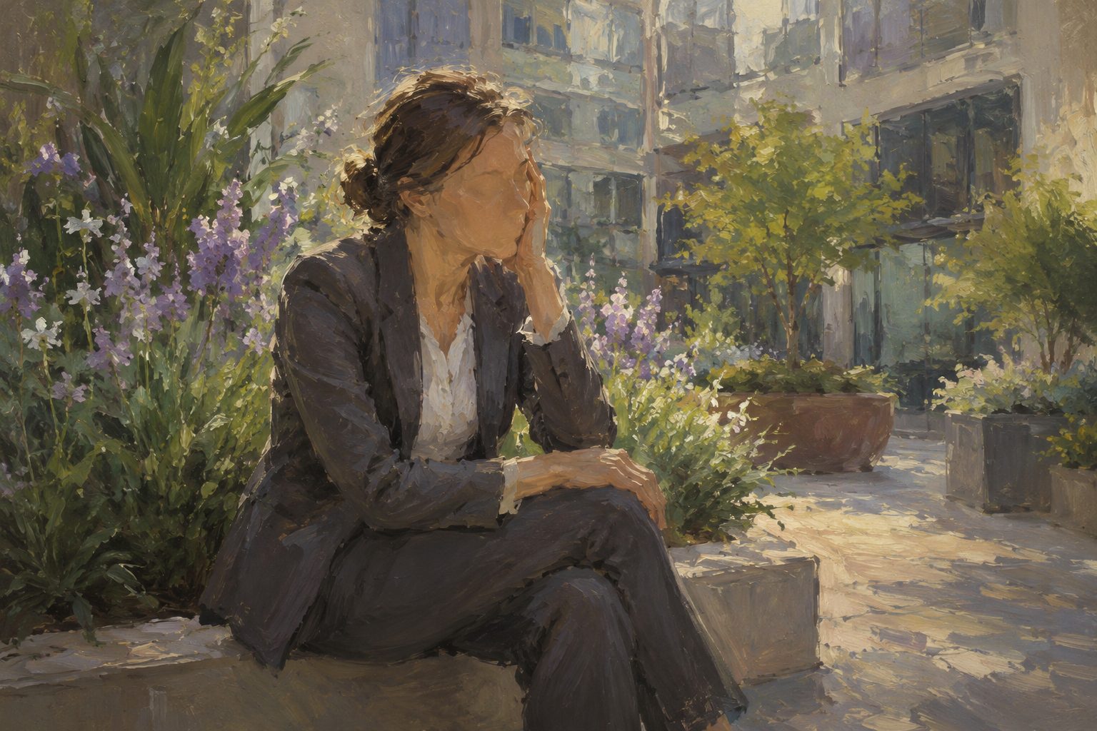 Pintura impresionista de una mujer tomandose una pausa en un jardin de oficina, sintomas de estres laboral