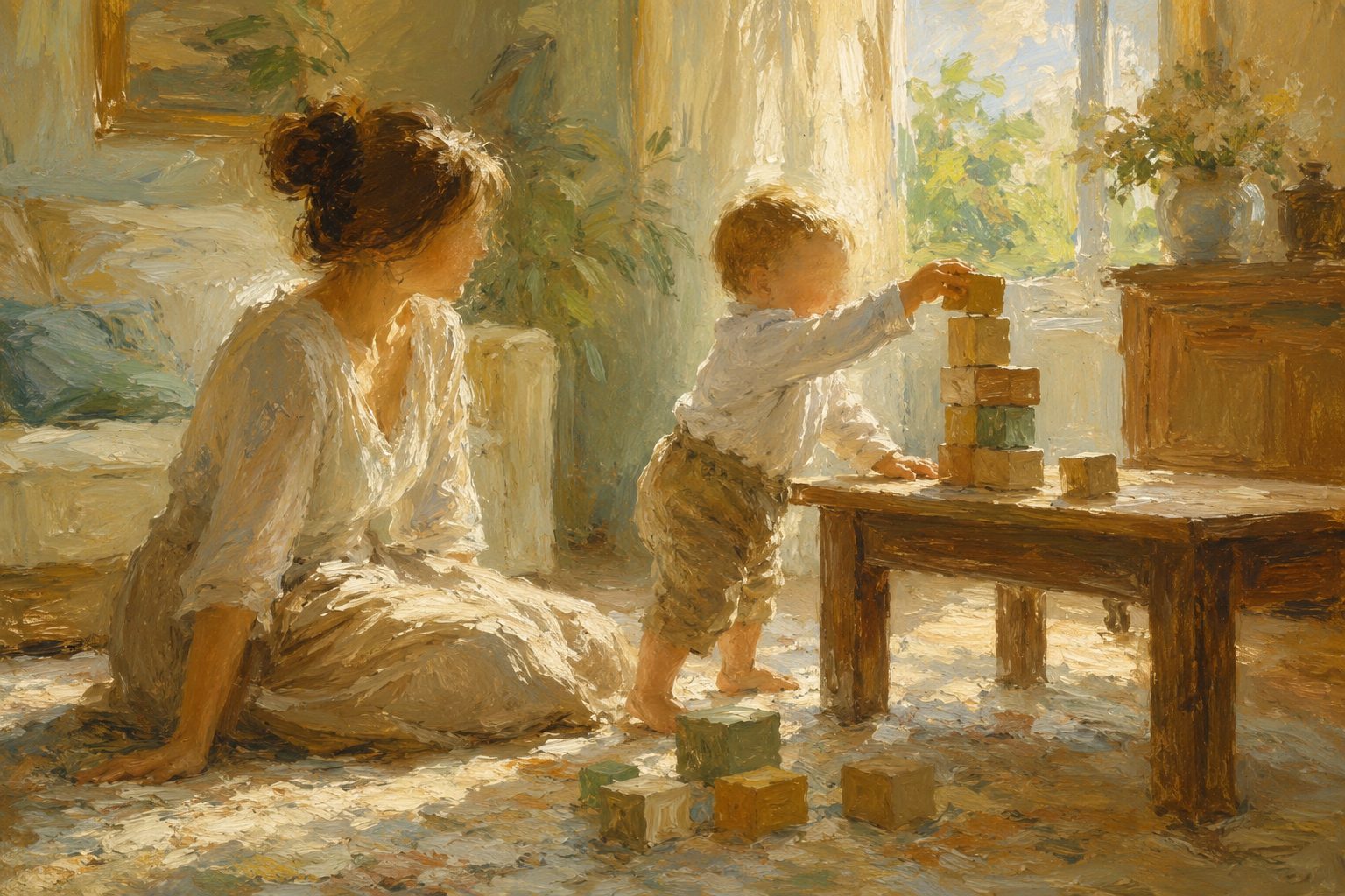 Pintura impresionista de una madre y su bebe jugando, ilustracion de la tabla de desarrollo infantil por edades