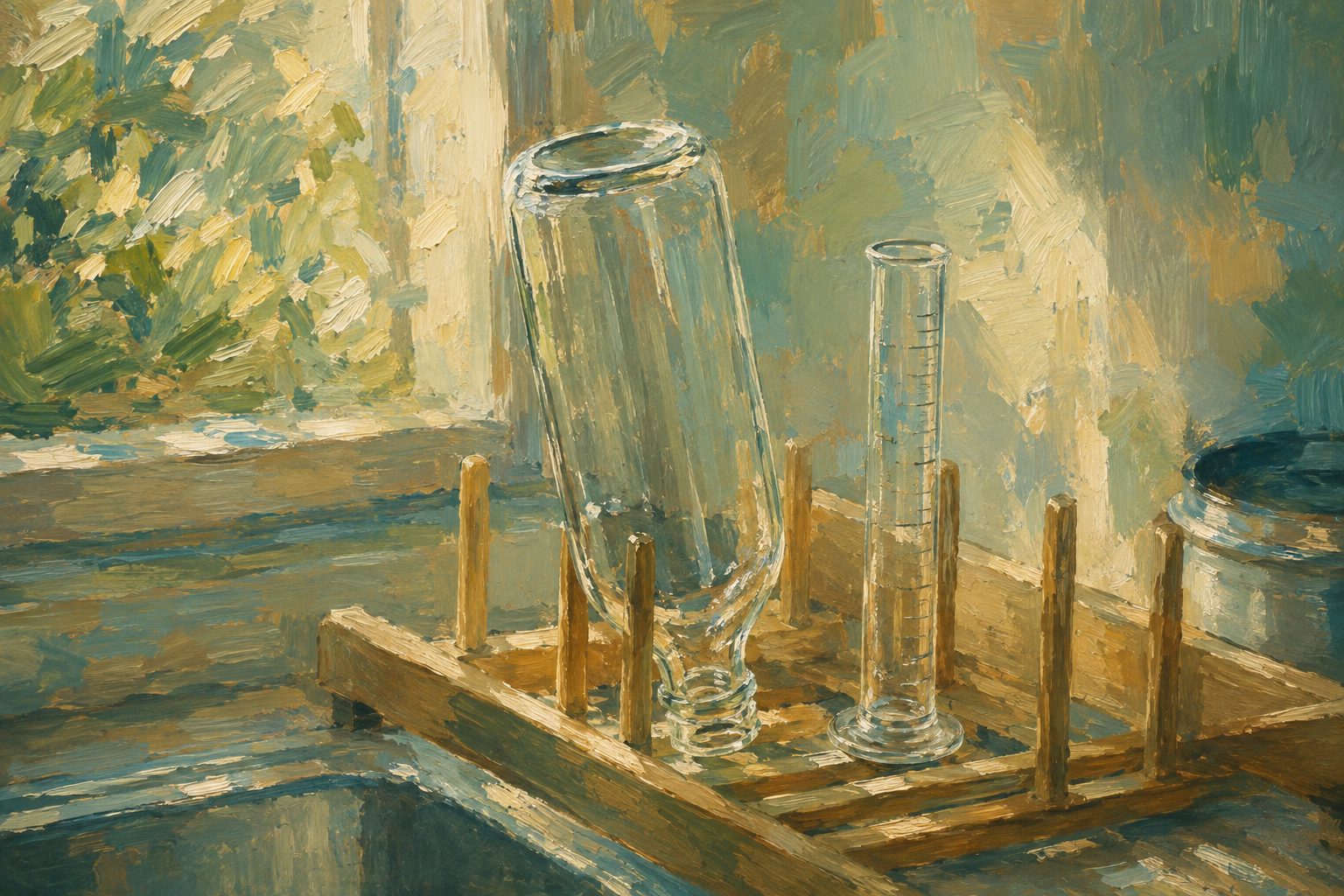 Pintura impresionista de una botella vacia secandose junto a una probeta graduada, test de alcohol AUDIT