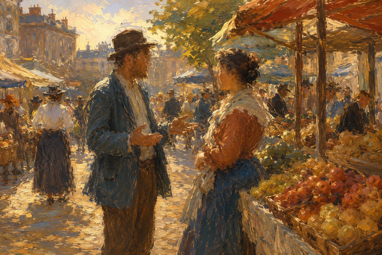 Pintura impresionista de dos personas conversando con calma en un mercado, test de asertividad online