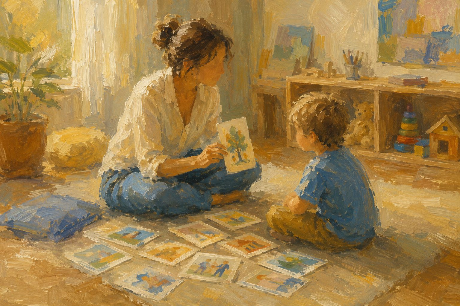 Pintura impresionista de una terapeuta mostrando tarjetas ilustradas a un nino, que evalua el test CELF-5