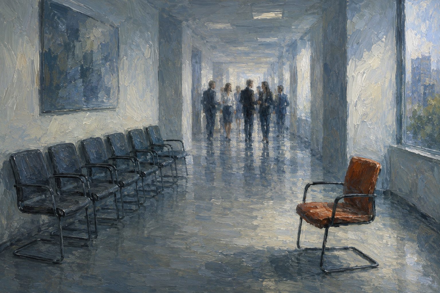 Pintura impresionista de una silla apartada de una fila en un pasillo de oficina, tipos de acoso laboral y test de Cisneros