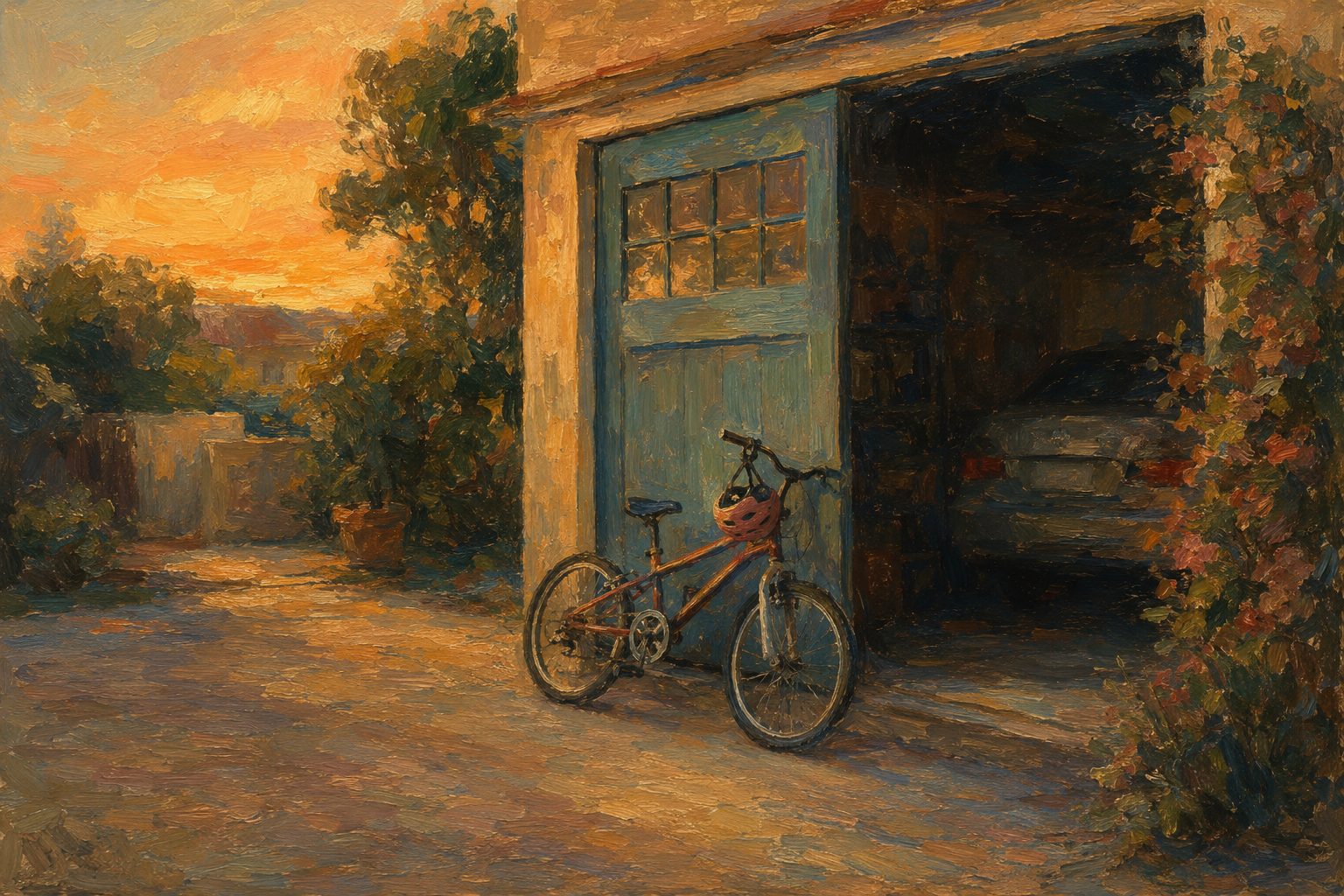 Pintura impresionista de una bicicleta con casco junto a un garage al atardecer, test CRAFFT para adolescentes
