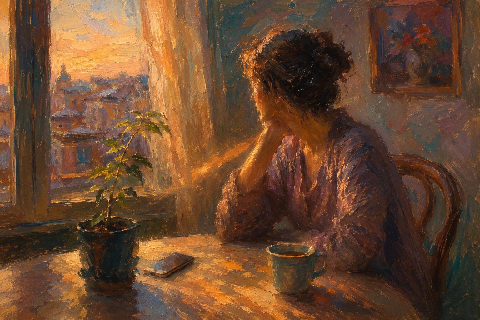 Pintura impresionista de una persona reflexiva junto a una ventana, test de dependencia emocional online
