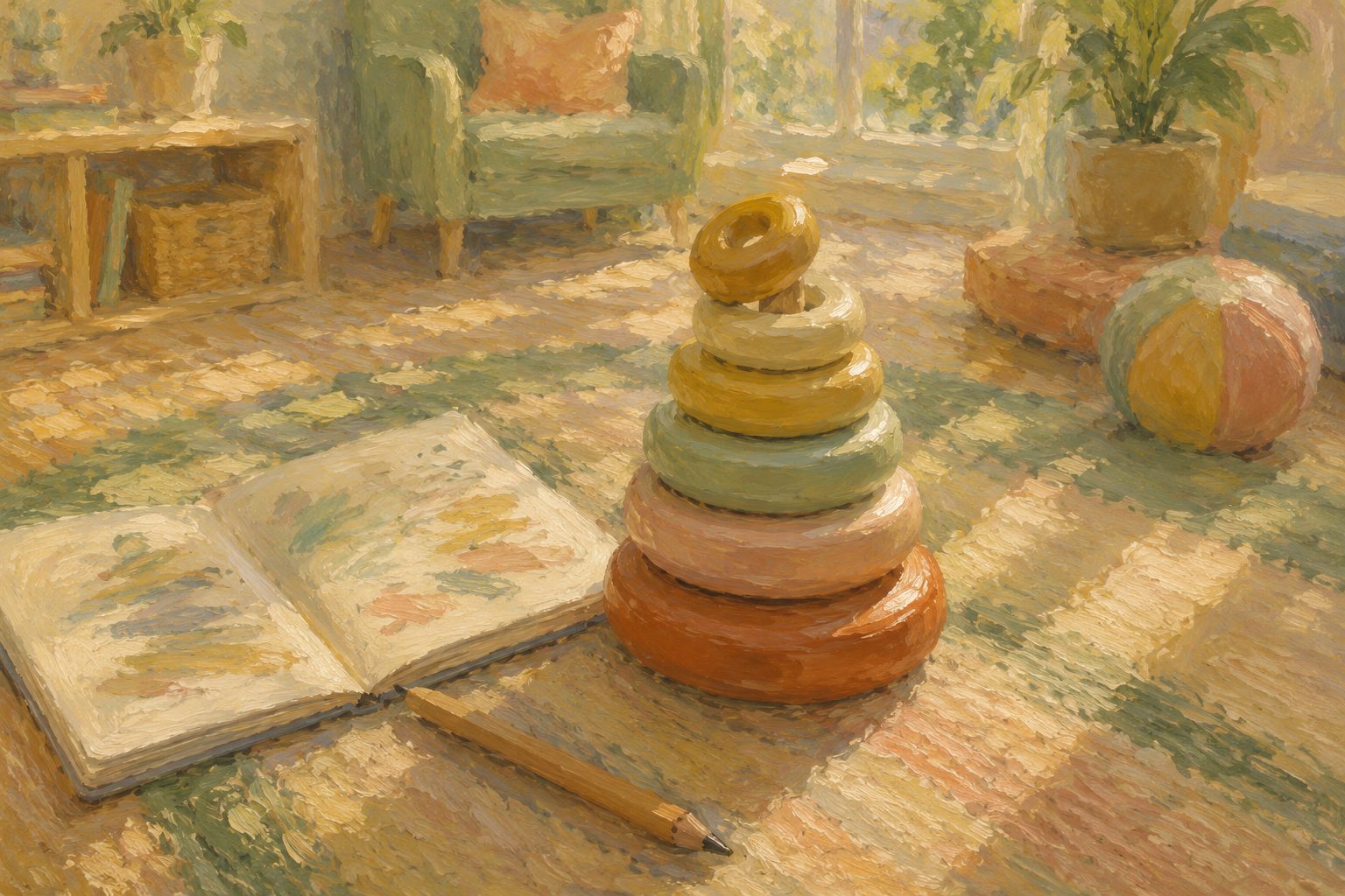 Pintura impresionista de aros de un juguete apilable, ilustracion de tests de desarrollo infantil Bayley TADI EDI