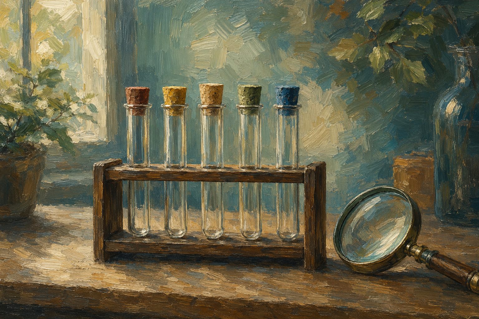 Pintura impresionista de tubos de ensayo vacios en un estante de madera, test de drogas en orina