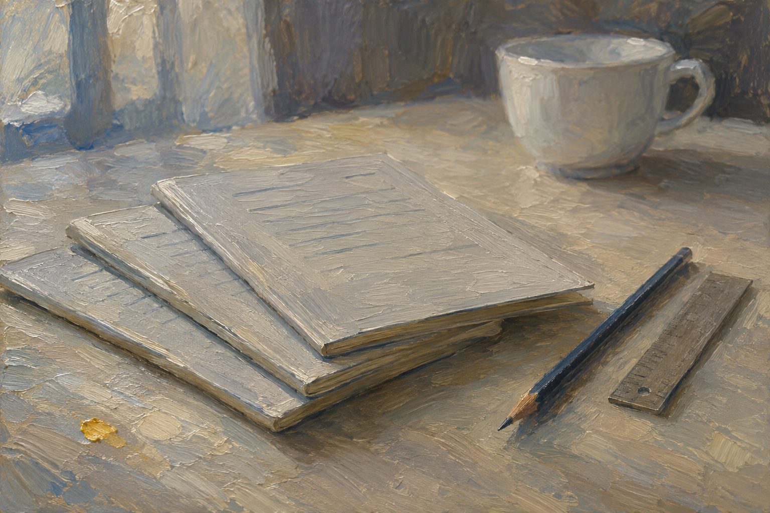 Pintura impresionista de cuadernillos, lapiz y taza sobre un escritorio, tests de estres laboral profesionales