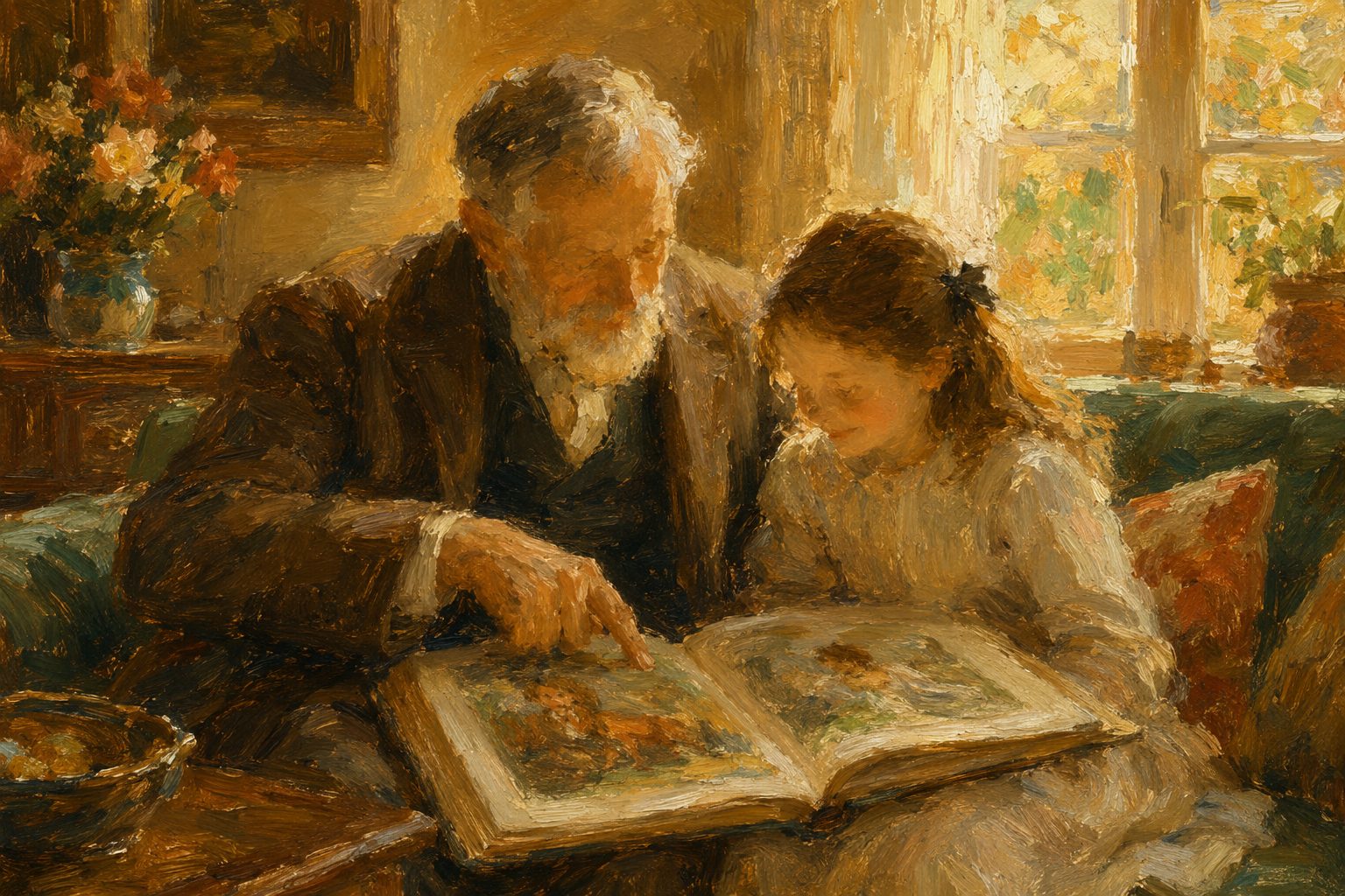 Pintura impresionista de un abuelo y su nieta mirando un libro de ilustraciones, tests de habilidades cognitivas en PDF por edad