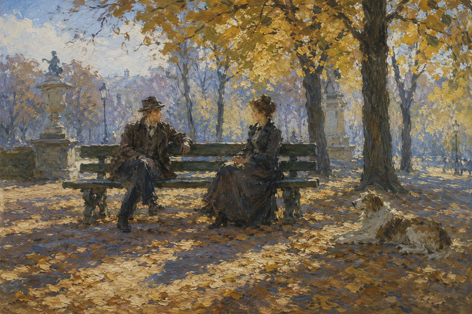 Pintura impresionista de dos personas en un banco de plaza en otono con sombras que se rozan, test de pareja