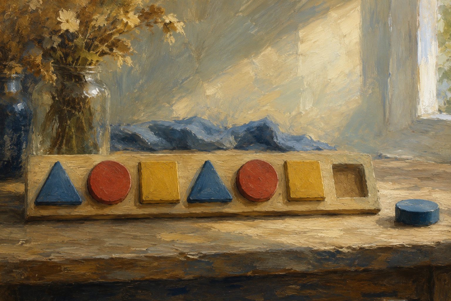 Pintura impresionista de piezas geometricas de madera en una secuencia con un espacio vacio, test de razonamiento abstracto