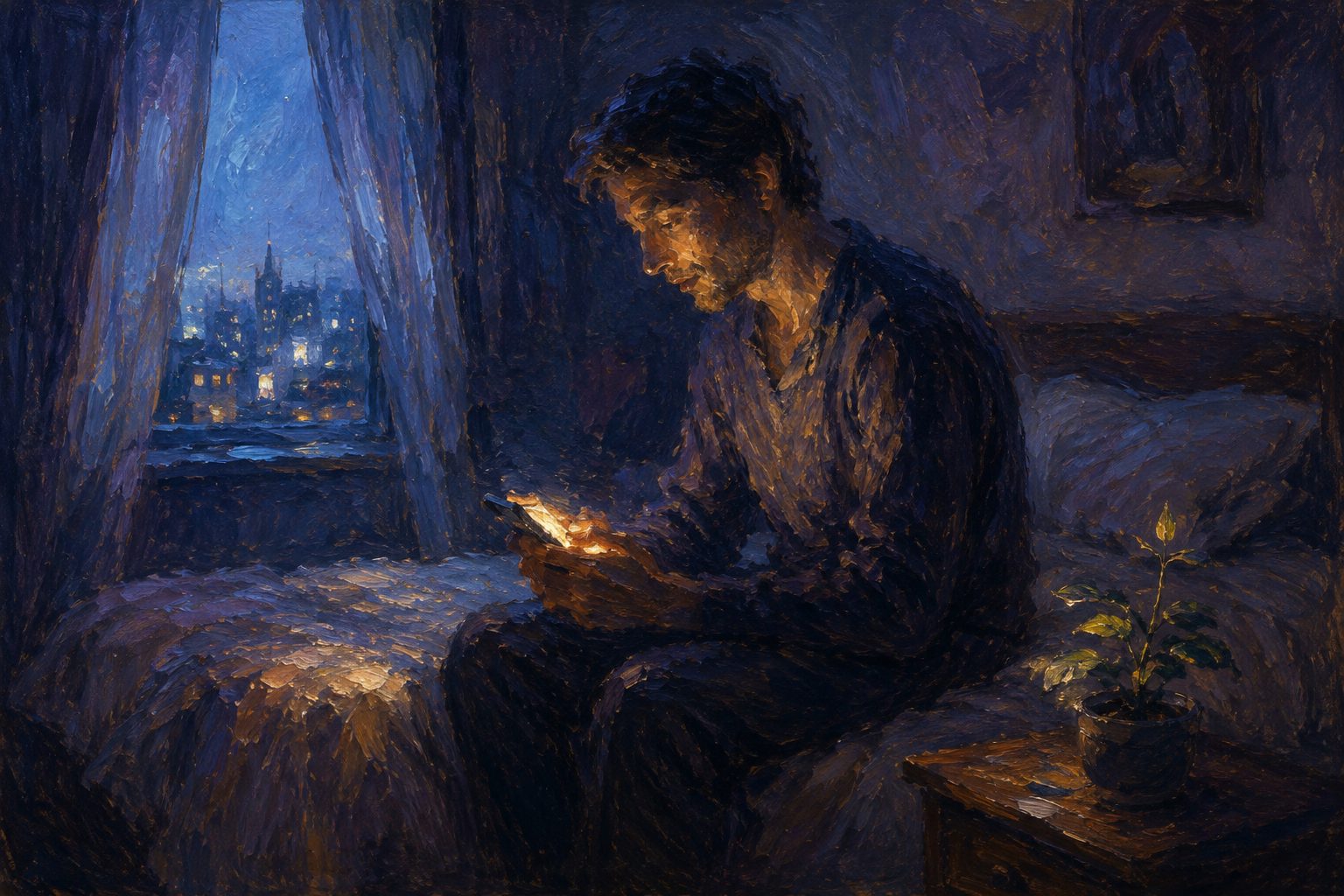 Pintura impresionista de una persona con el telefono en la penumbra del dormitorio, test de salud mental gratis