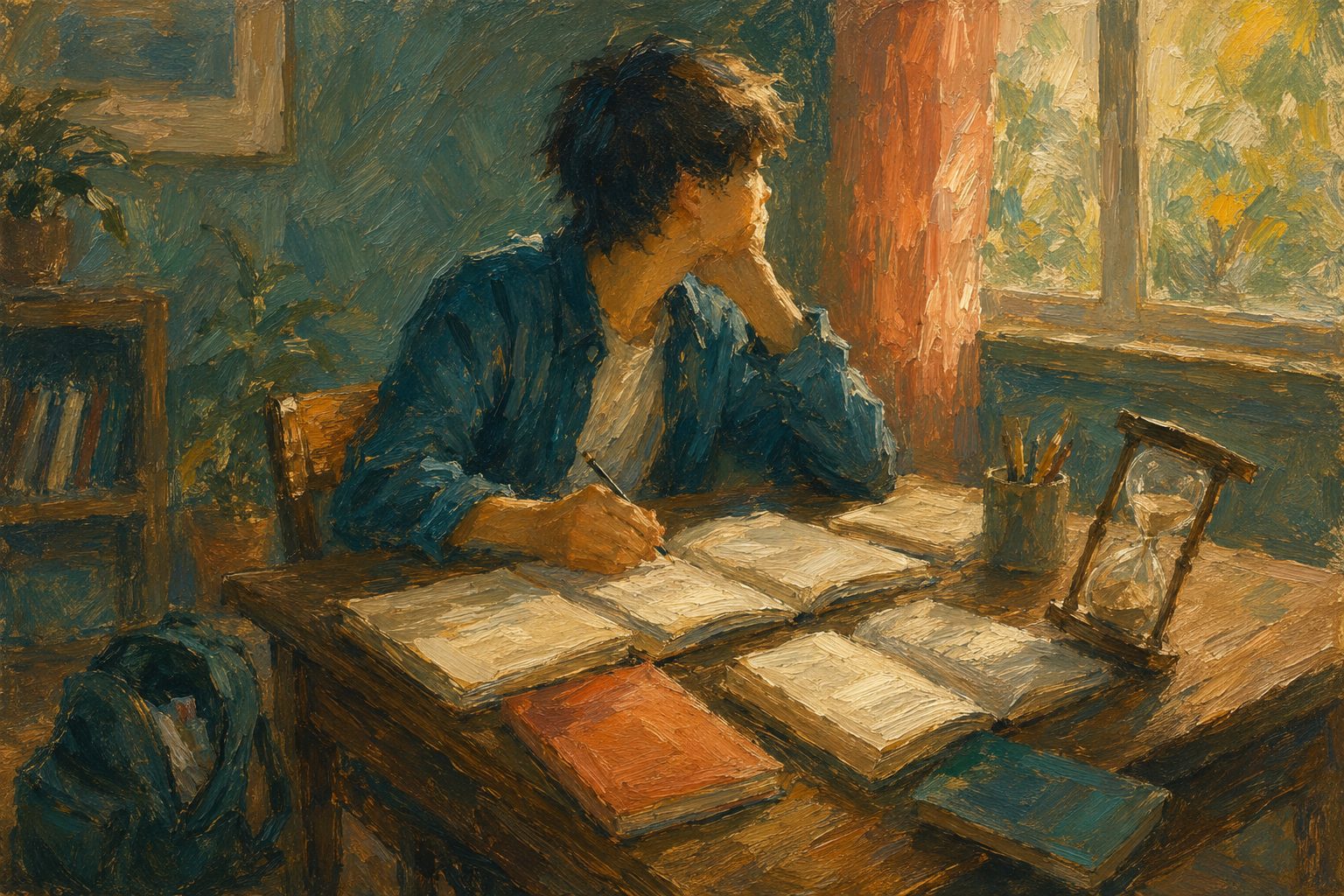 Pintura impresionista de un adolescente en su escritorio con cuadernos abiertos, test de TDAH para adolescentes