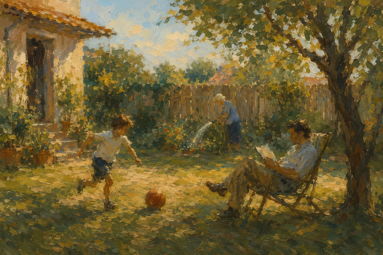 Pintura impresionista de tres generaciones de una familia en un patio, tests de TDAH por edades