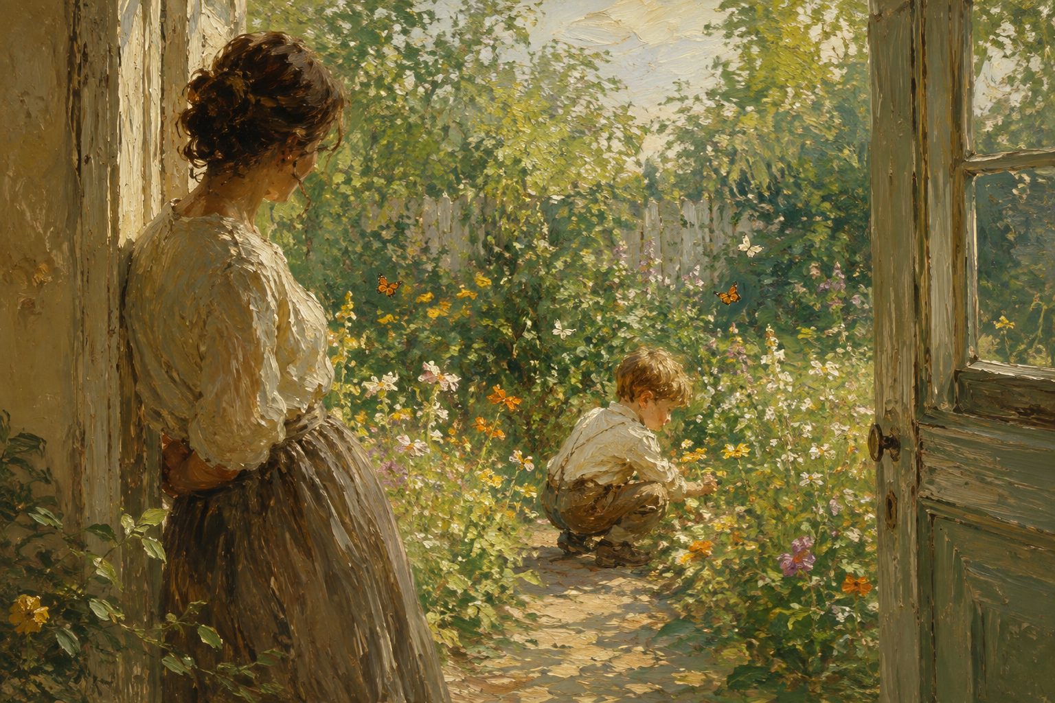Pintura impresionista de un nino explorando un jardin junto a la puerta, test para saber tu tipo de apego