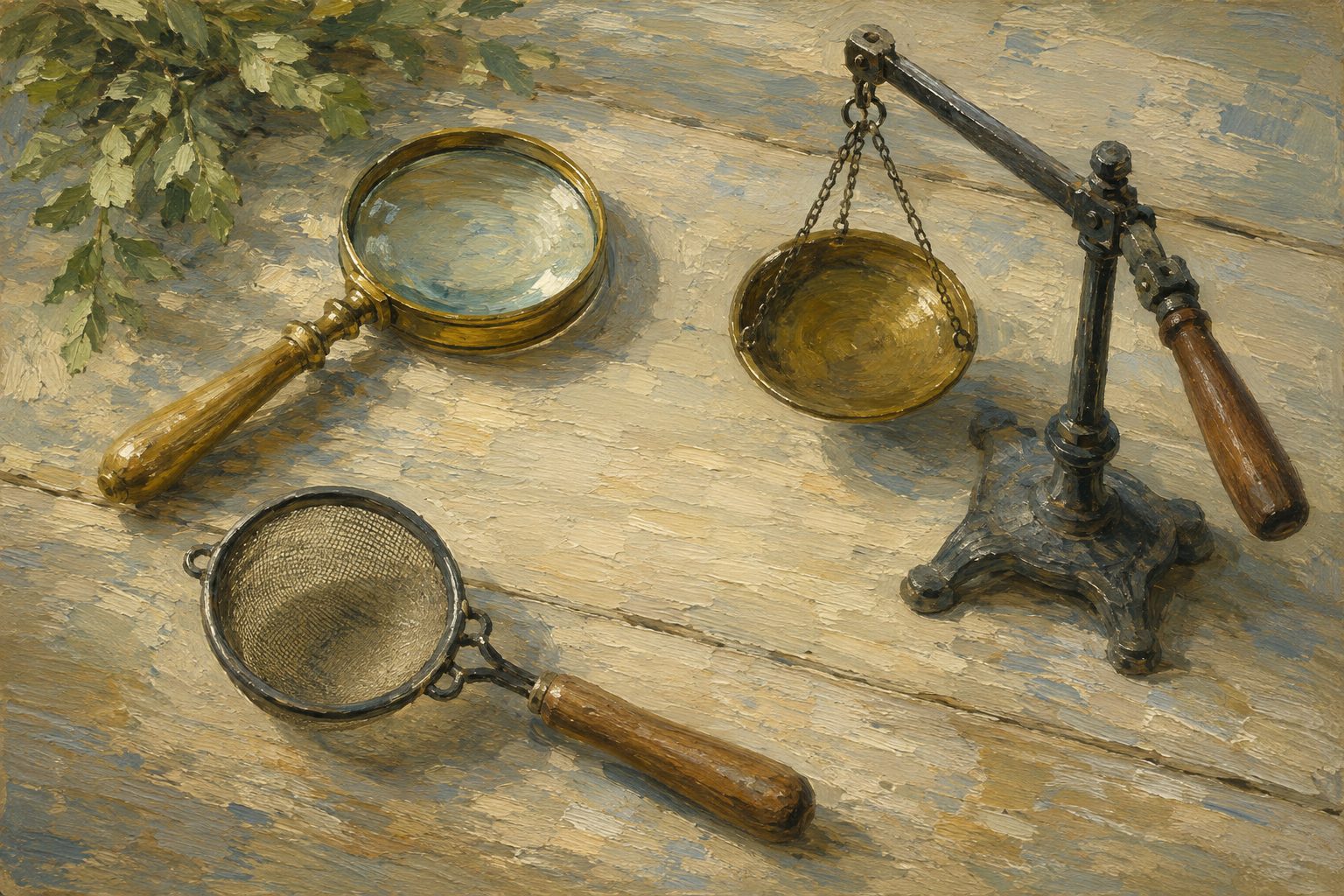 Pintura impresionista de tres instrumentos de medicion distintos en triangulo, tests de drogas DAST-10, CRAFFT y CAST
