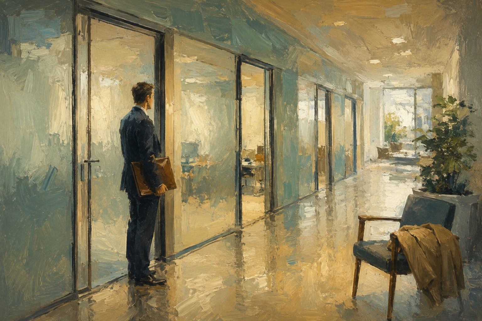 Pintura impresionista de una persona esperando en un corredor de oficina, tests psicologicos en el ambito laboral