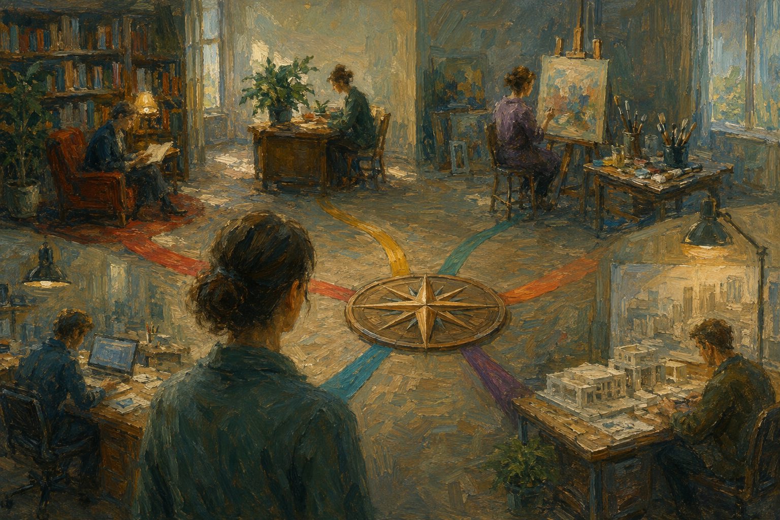 Pintura impresionista de un salon con cinco espacios de trabajo convergiendo en una rosa de los vientos, tests laborales y de personalidad