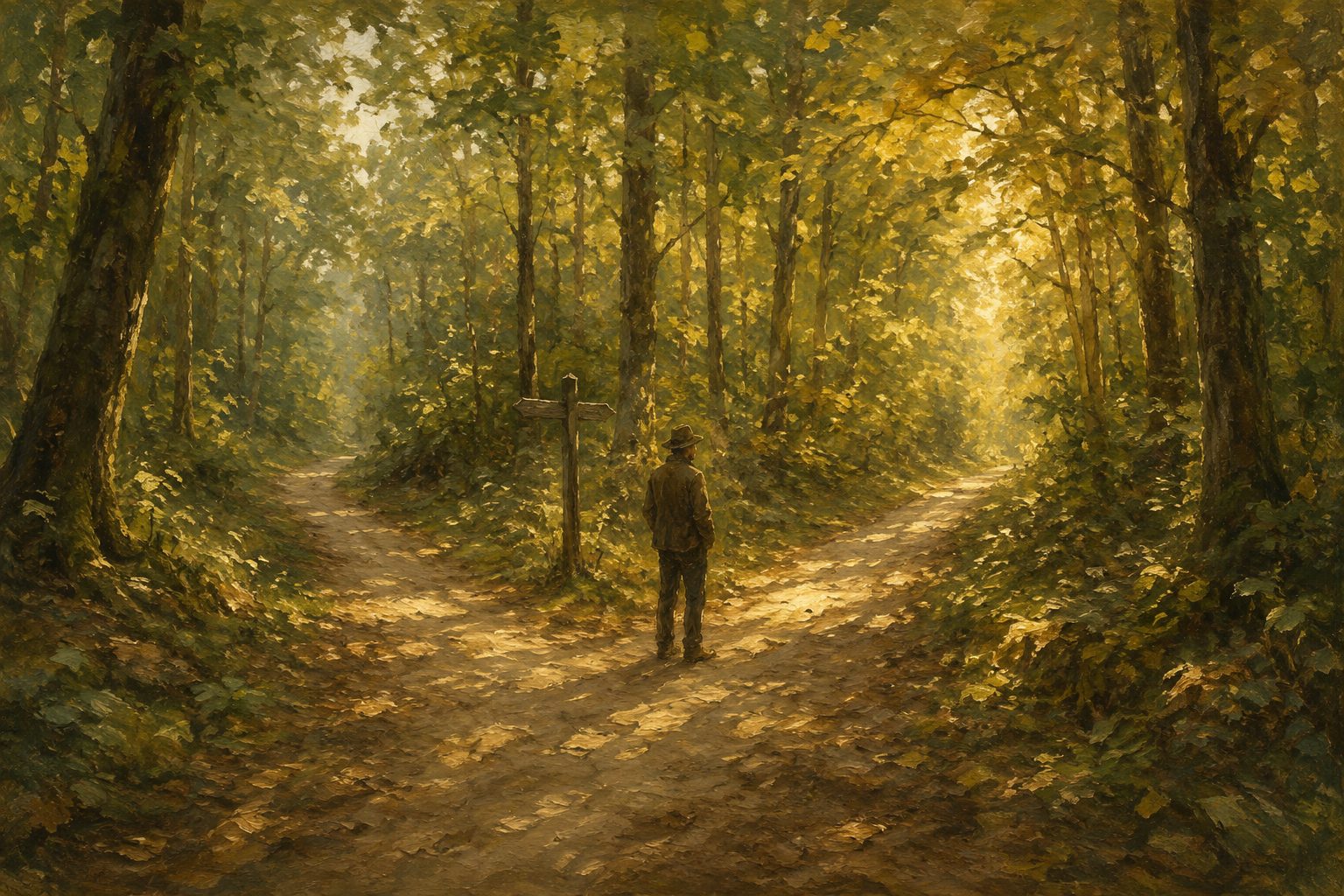 Pintura impresionista de una persona en la bifurcacion de un sendero en el bosque, tipos y proceso de toma de decisiones