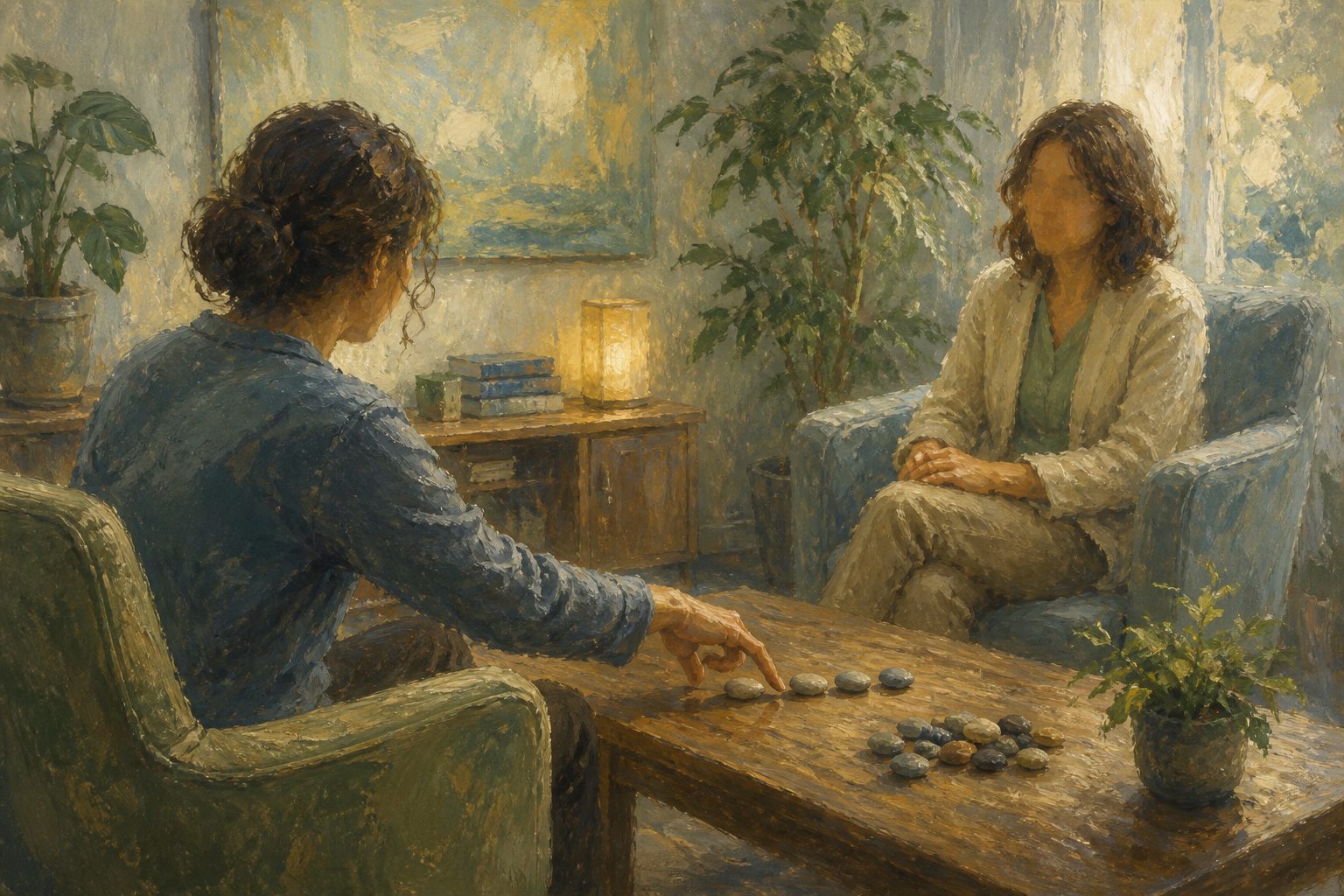 Pintura impresionista de una sesión de terapia para el trastorno de ansiedad generalizada