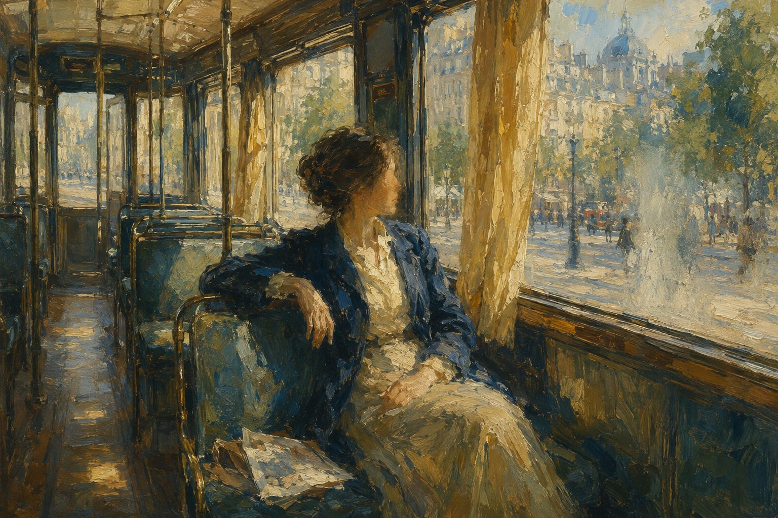 Pintura impresionista de una persona viajando tranquila en tranvia, ilustracion sobre el trastorno de panico