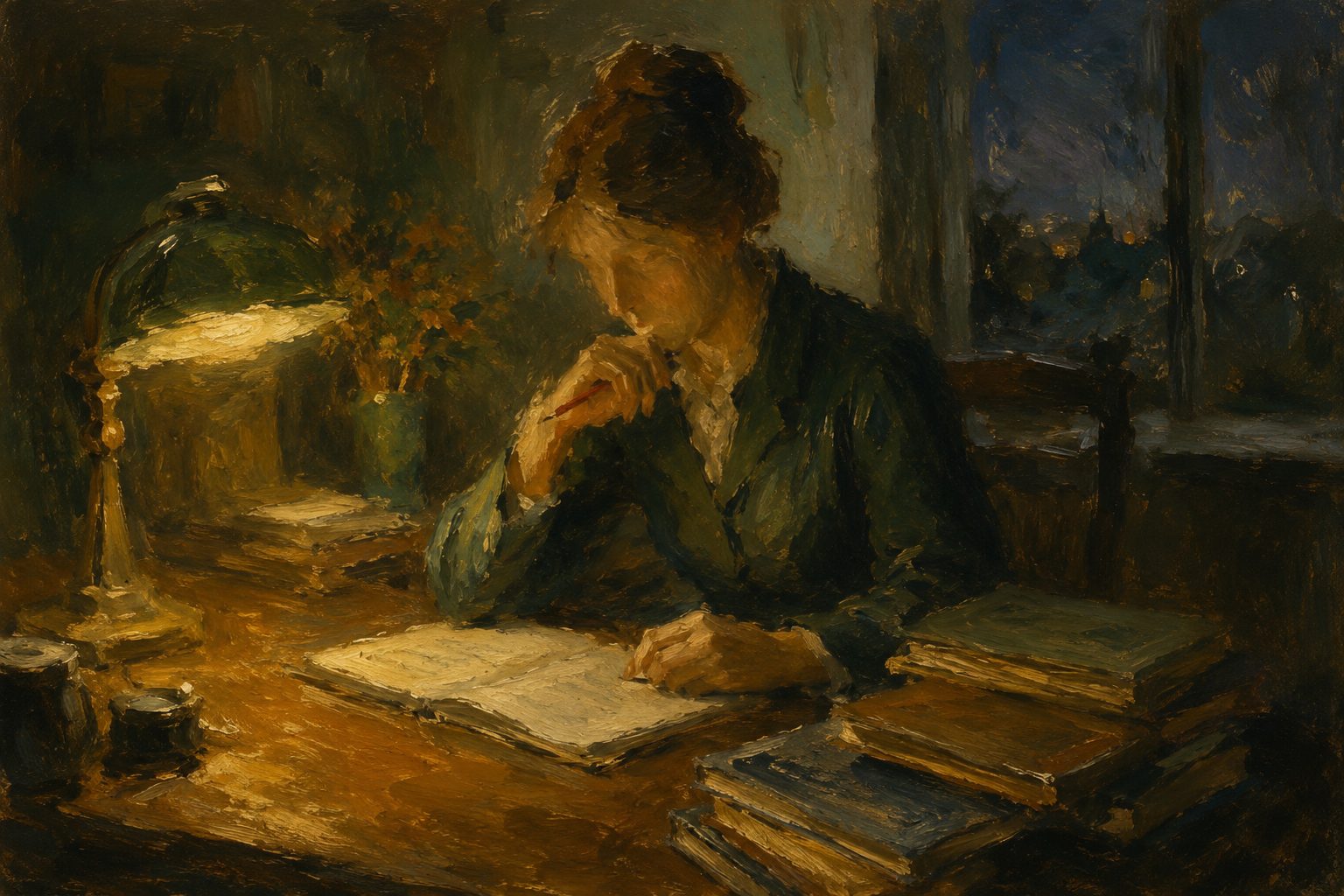 Pintura impresionista de una maestra revisando cuadernos de alumnos por la noche, tipos y diagnostico de trastornos del aprendizaje