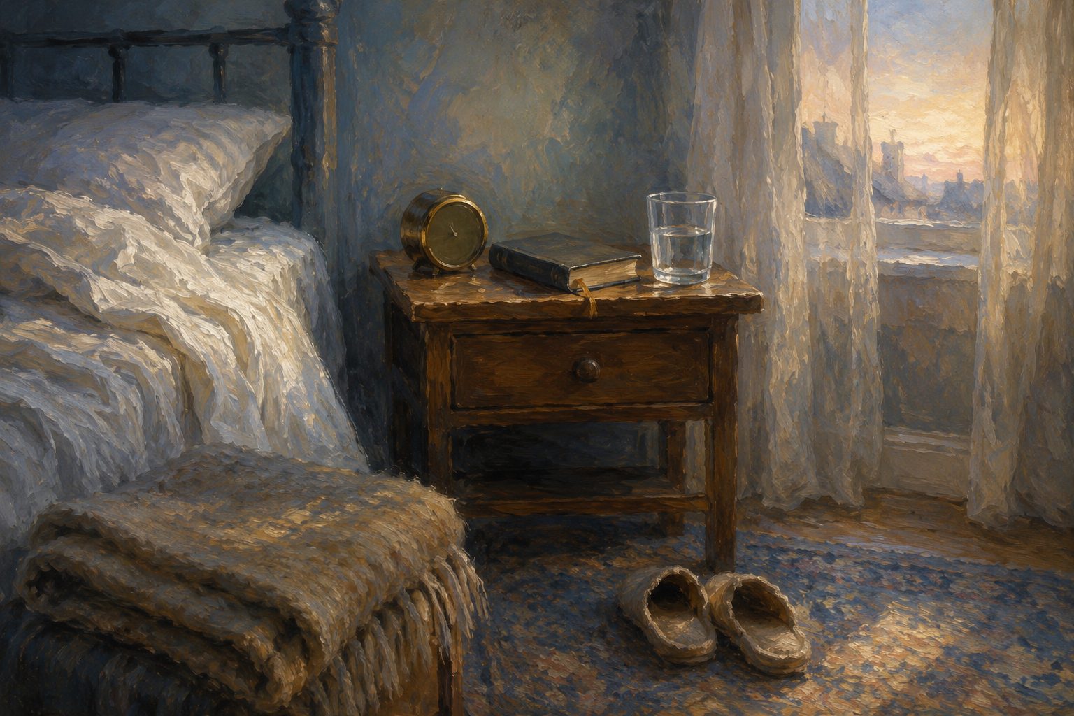 Pintura impresionista de una mesa de noche al amanecer con el despertador boca abajo, sobre trastornos del sueno e insomnio