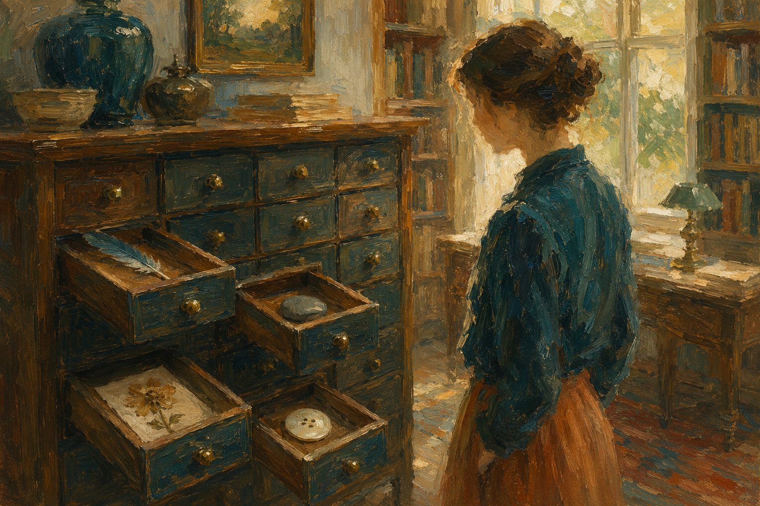 Pintura impresionista de un mueble de cajones con objetos distintos en cada uno, guia de trastornos psicologicos en la adolescencia