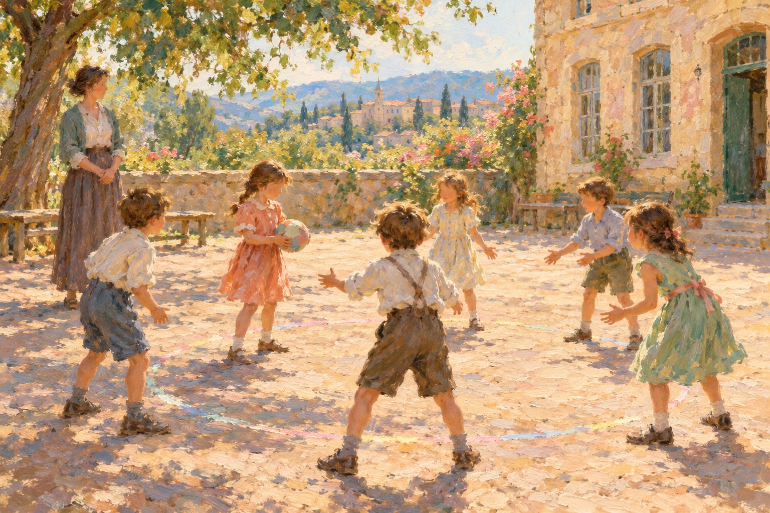 Pintura impresionista de un grupo de ninos jugando en circulo con una pelota en el patio, sobre las actividades de habilidades sociales para ninos