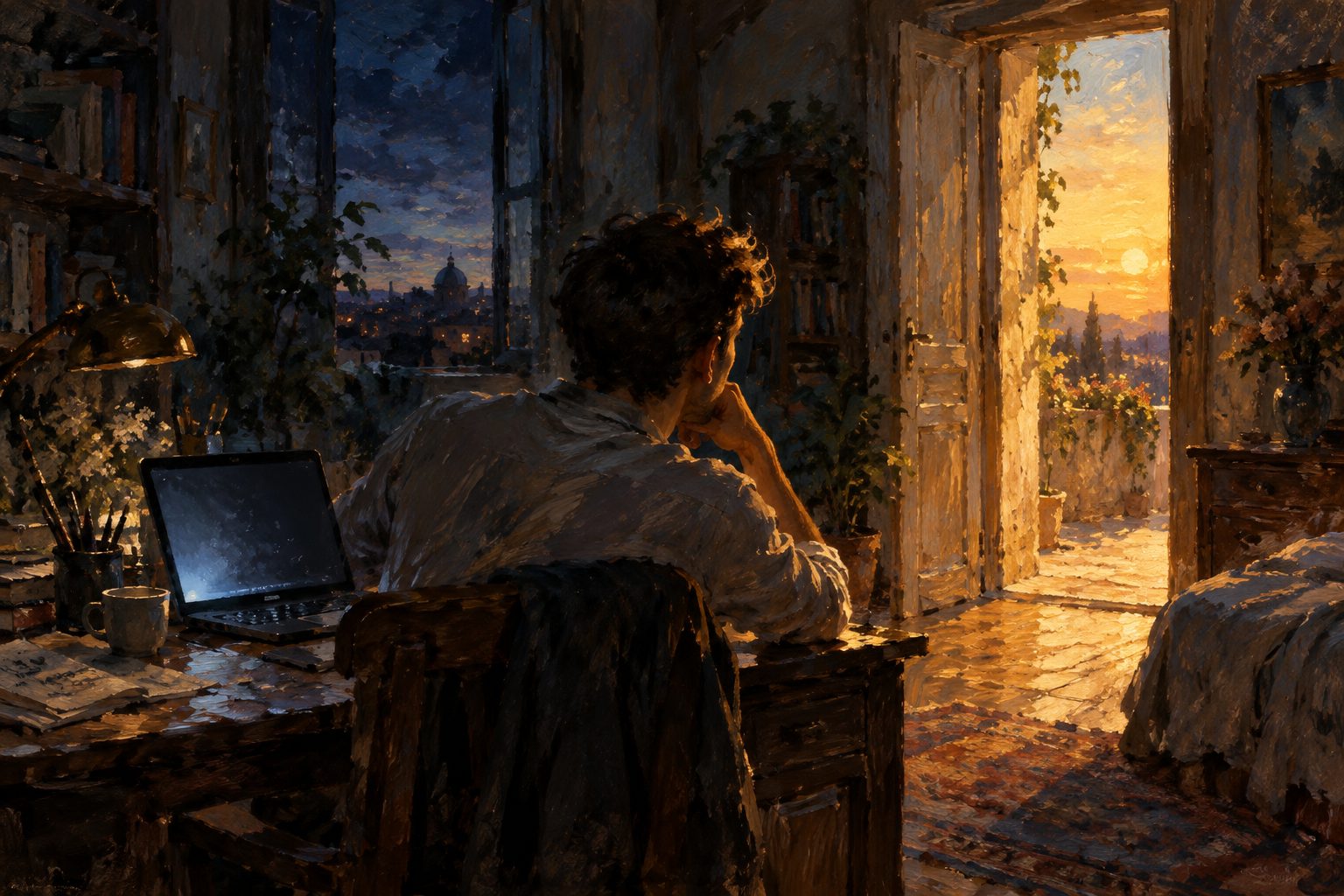 Pintura impresionista de alguien alejandose de una pantalla hacia la luz del amanecer, sobre la adiccion a la pornografia