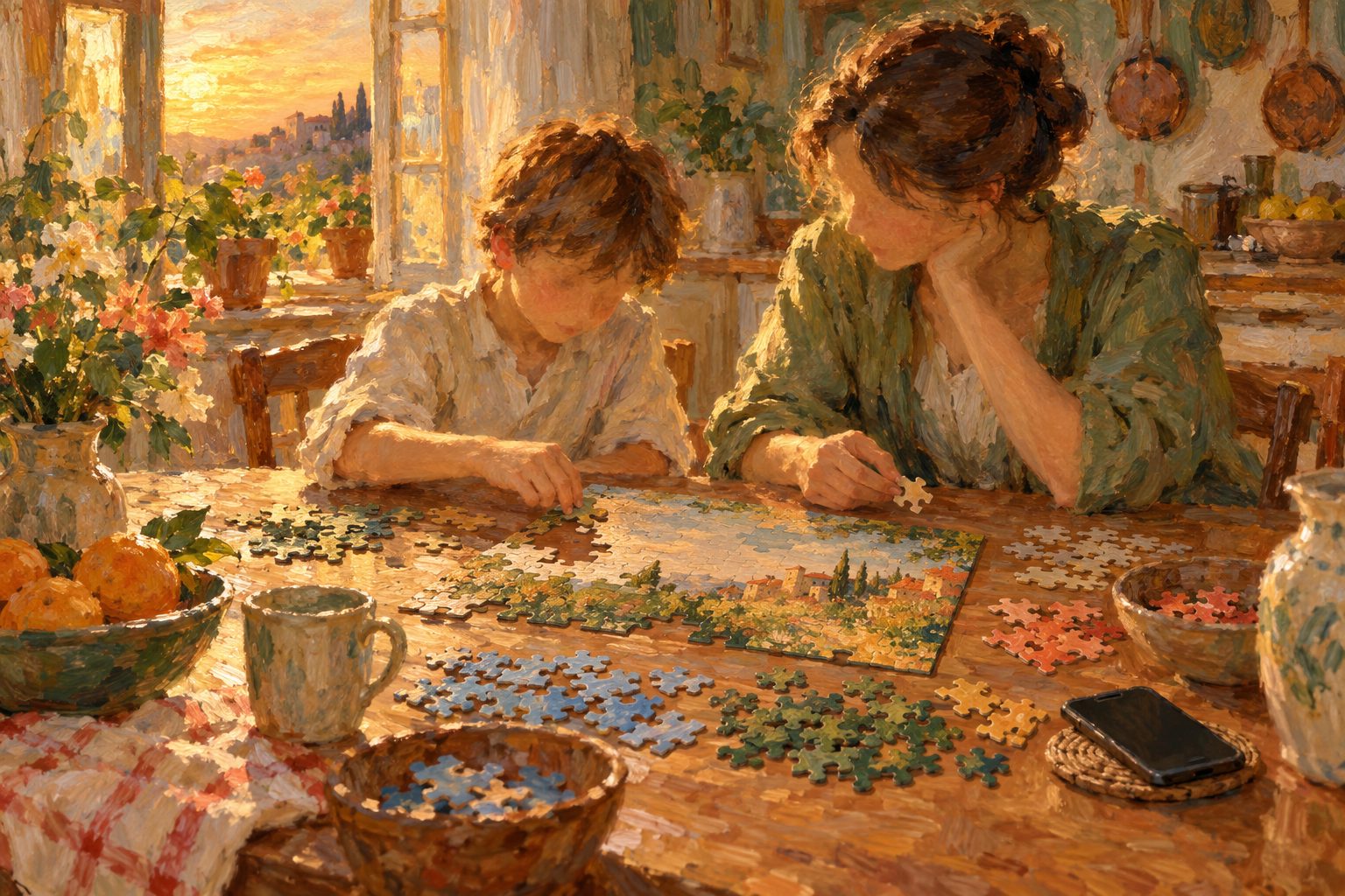 Pintura impresionista de un nino y un adulto armando un rompecabezas con el telefono apagado a un lado, sobre la adiccion al celular en ninos